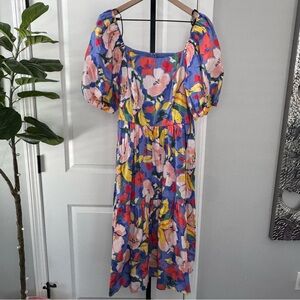 Vince Camuto Floral Puff Sleeve Midi Dress Blue Multicolor NWT Size 12